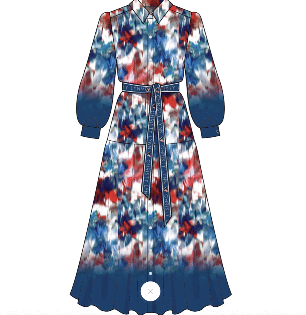 The Houston Texans Kristen Dress in a 'Texan Sky' pattern in silk from the Christy Lynn capsule collection, licensed by the NFL